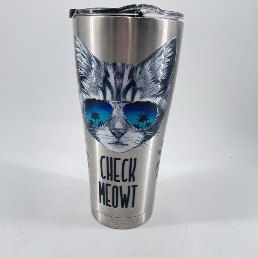 Tervis 30oz Stainless Steel Tumbler Check Meowt Cat Sunglasses Palm Trees Lid